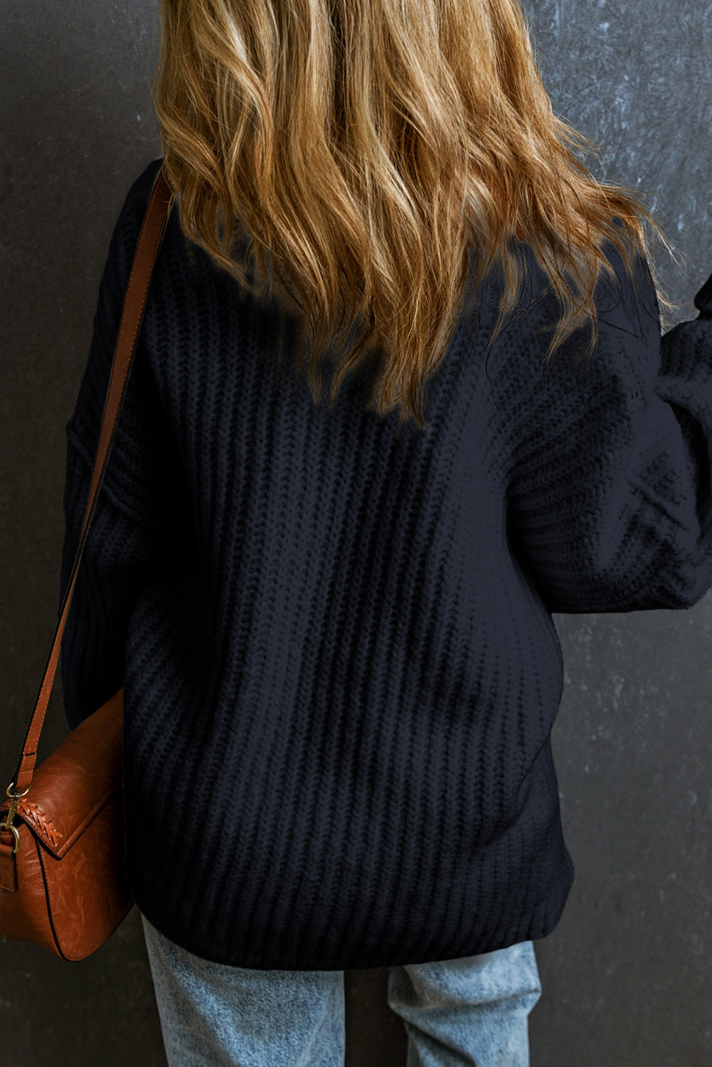 Black Ribbed Knit Drop Sleeve Round Neck Sweater