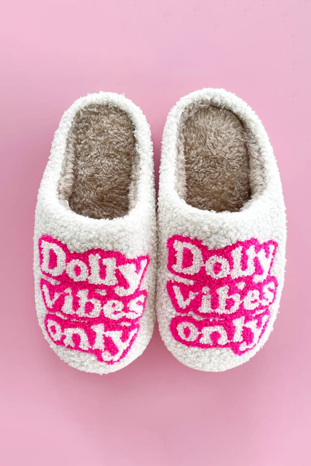 White Dolly Vibes Only Slip On Plush Slippers