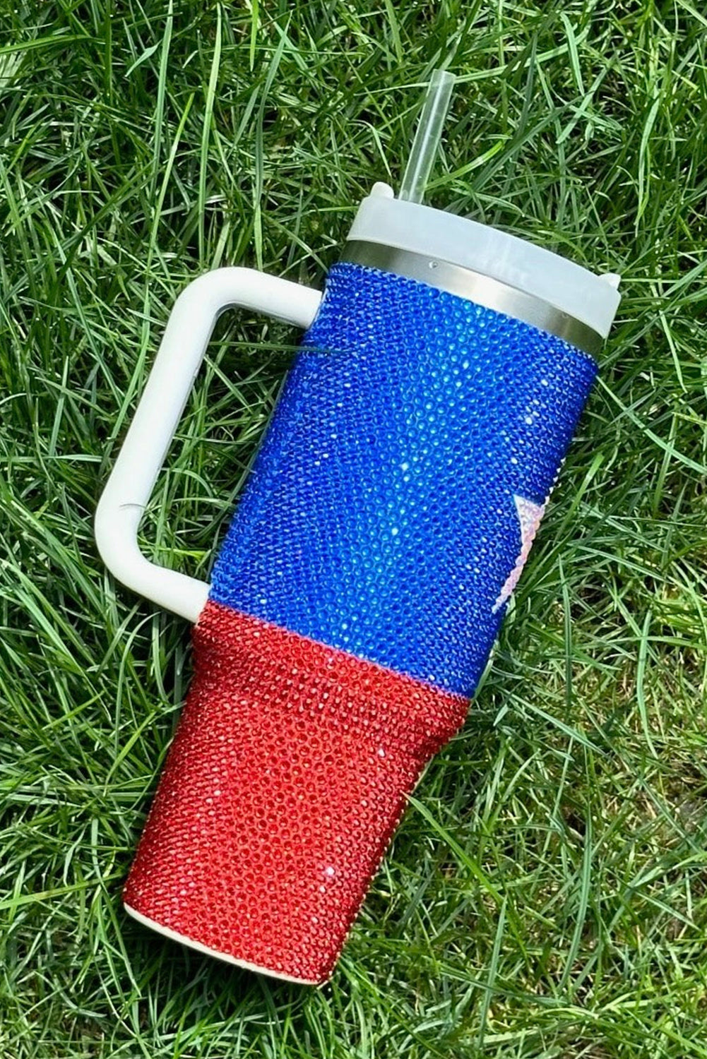 Dark Blue Texas Flag Star Full Rhinestone Handle Tumbler 40oz