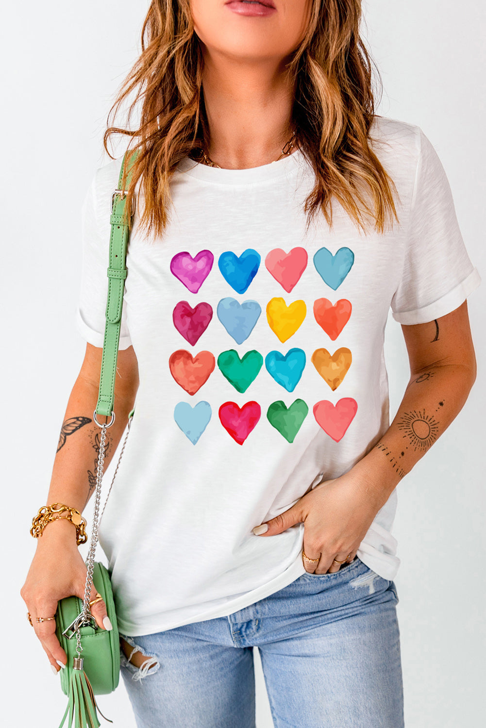 White Colorful Heart Print Graphic Crew Neck T Shirt