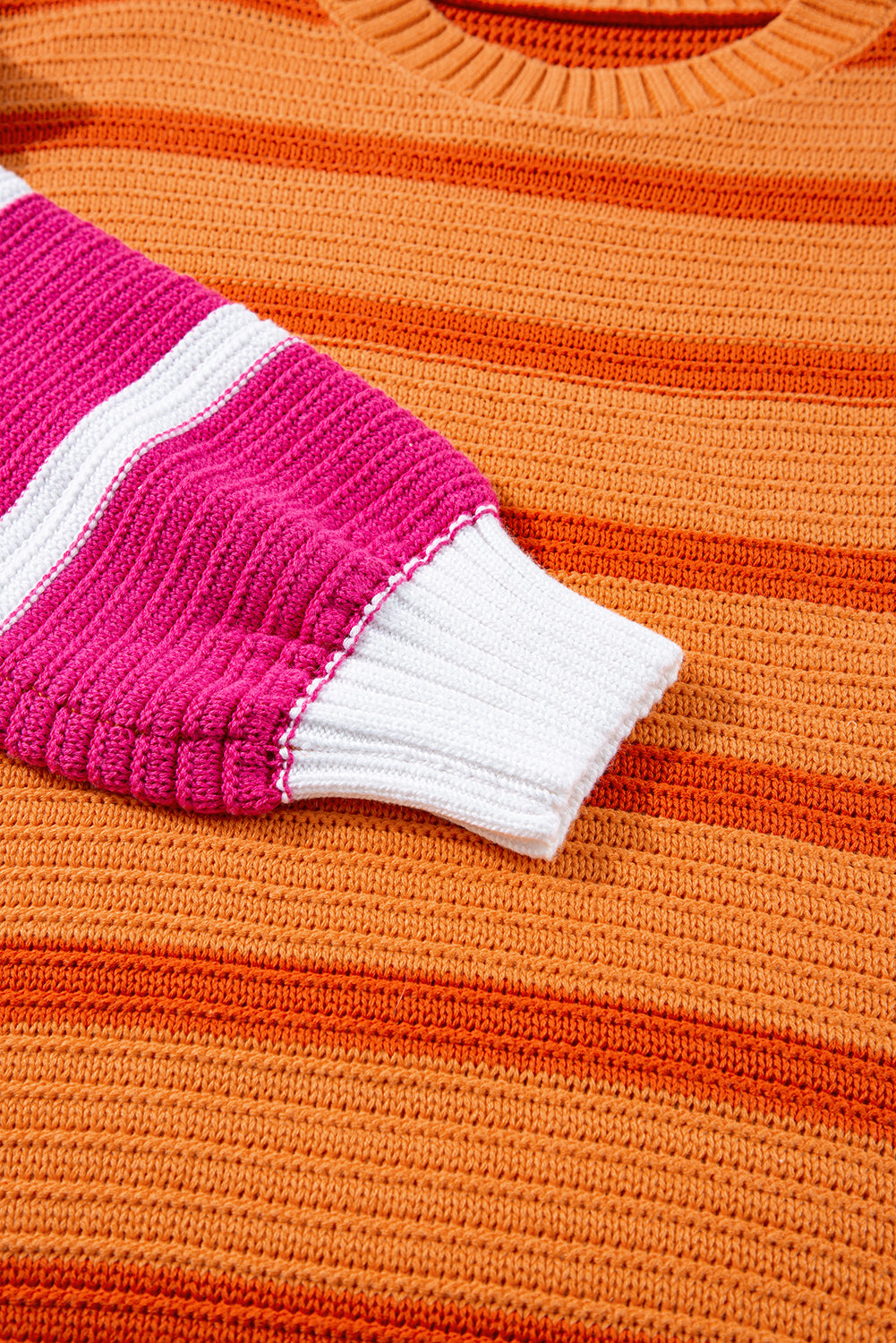 Orange Striped Colorblock Puff Sleeve Sweater