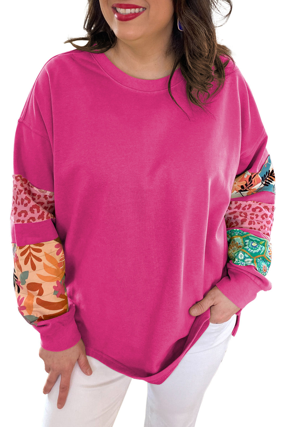 Green Leopard Patchwork Sleeve Split Plus Sweatshirt