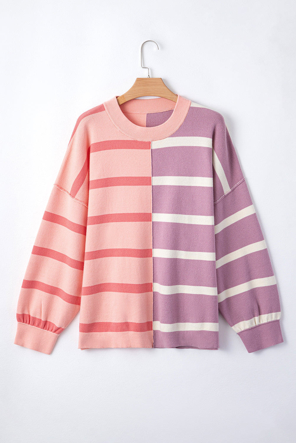 Light Beige Striped Colorblock Drop Shoulder Sweater