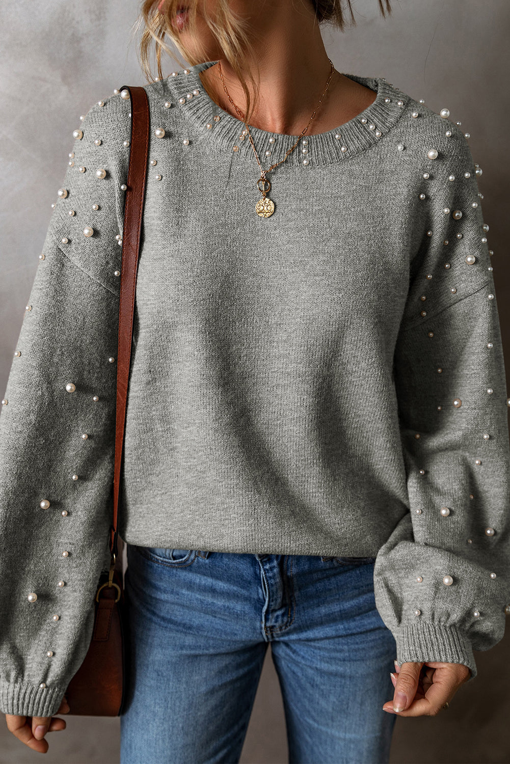 Smoke Gray Pearl Drop Shoulder Round Neck Sweater