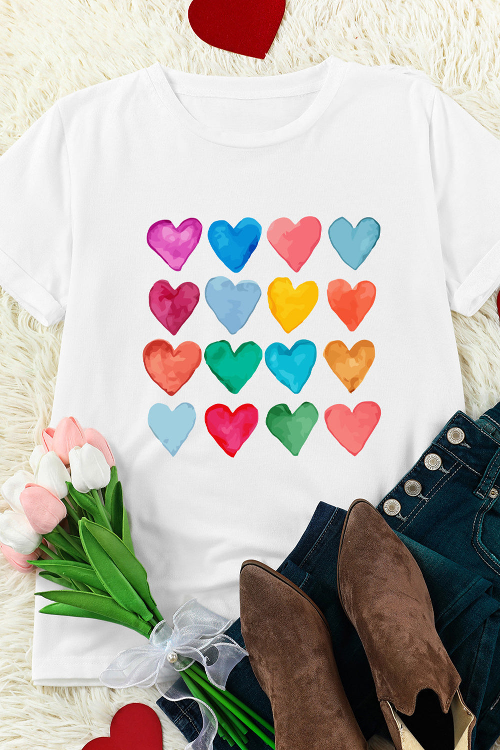 White Colorful Heart Print Graphic Crew Neck T Shirt