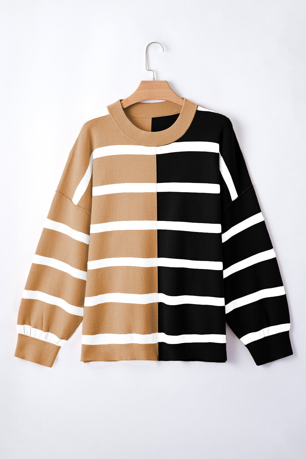 Light Beige Striped Colorblock Drop Shoulder Sweater