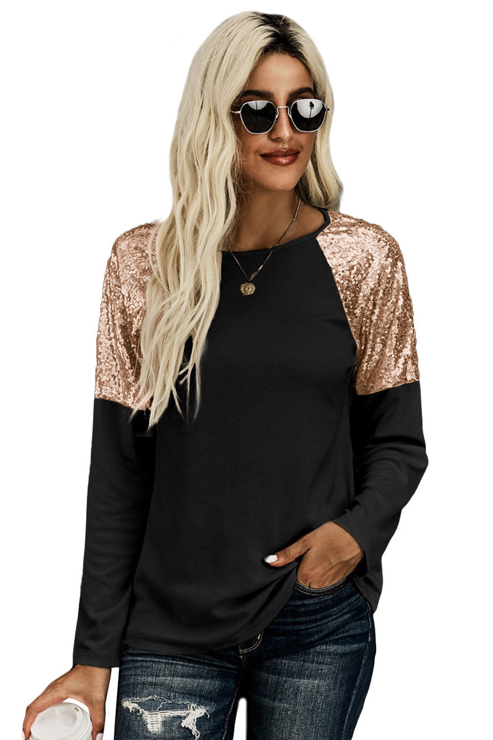 Black and Gold Raglan Sleeve Sequin Top Pullover Long Sleeve Shirt