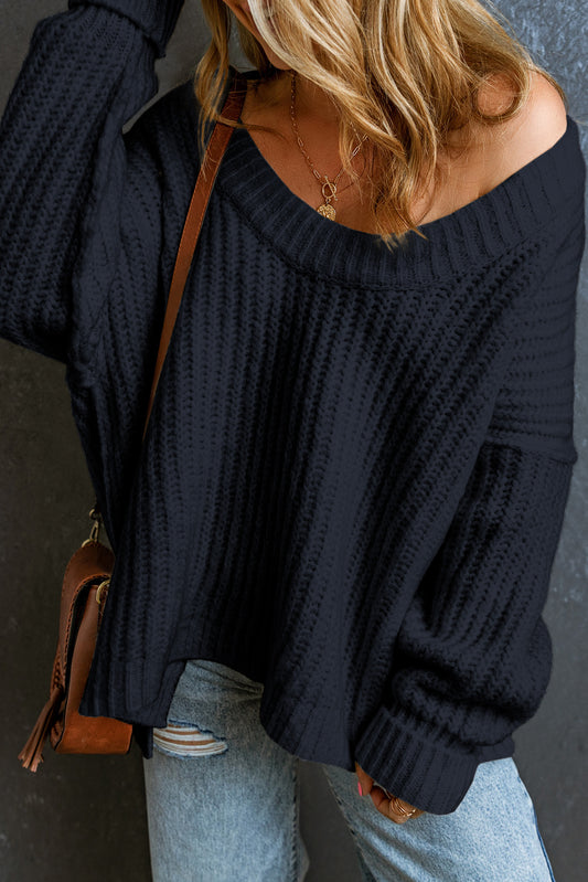 Black Ribbed Knit Drop Sleeve Round Neck Sweater