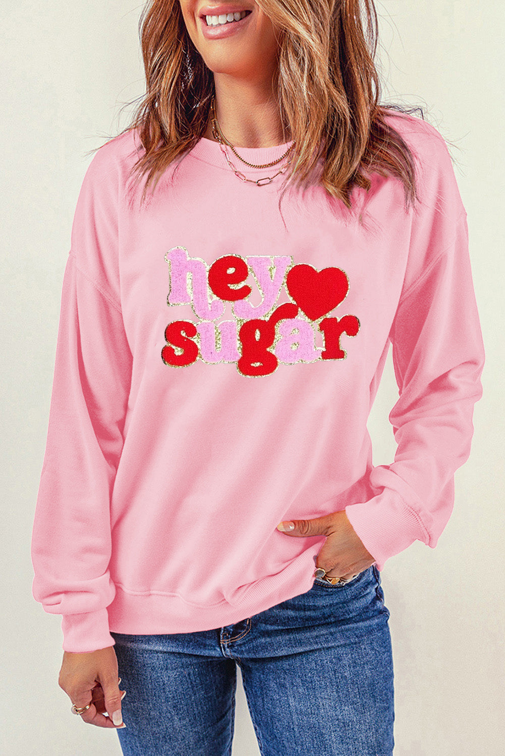 Pink Chenille Heart Pattern Valentines Graphic Sweatshirt