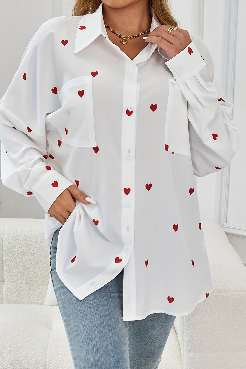 White Valentine Heart Print Button-Up Shirt