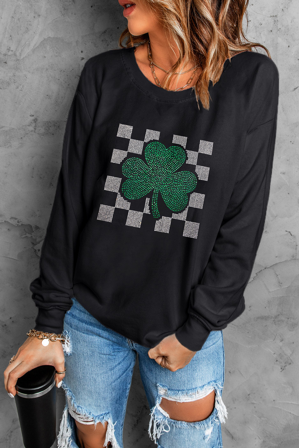 Black Rhinestone Checkerboard Clover Graphic St Patrick Sweatshirt