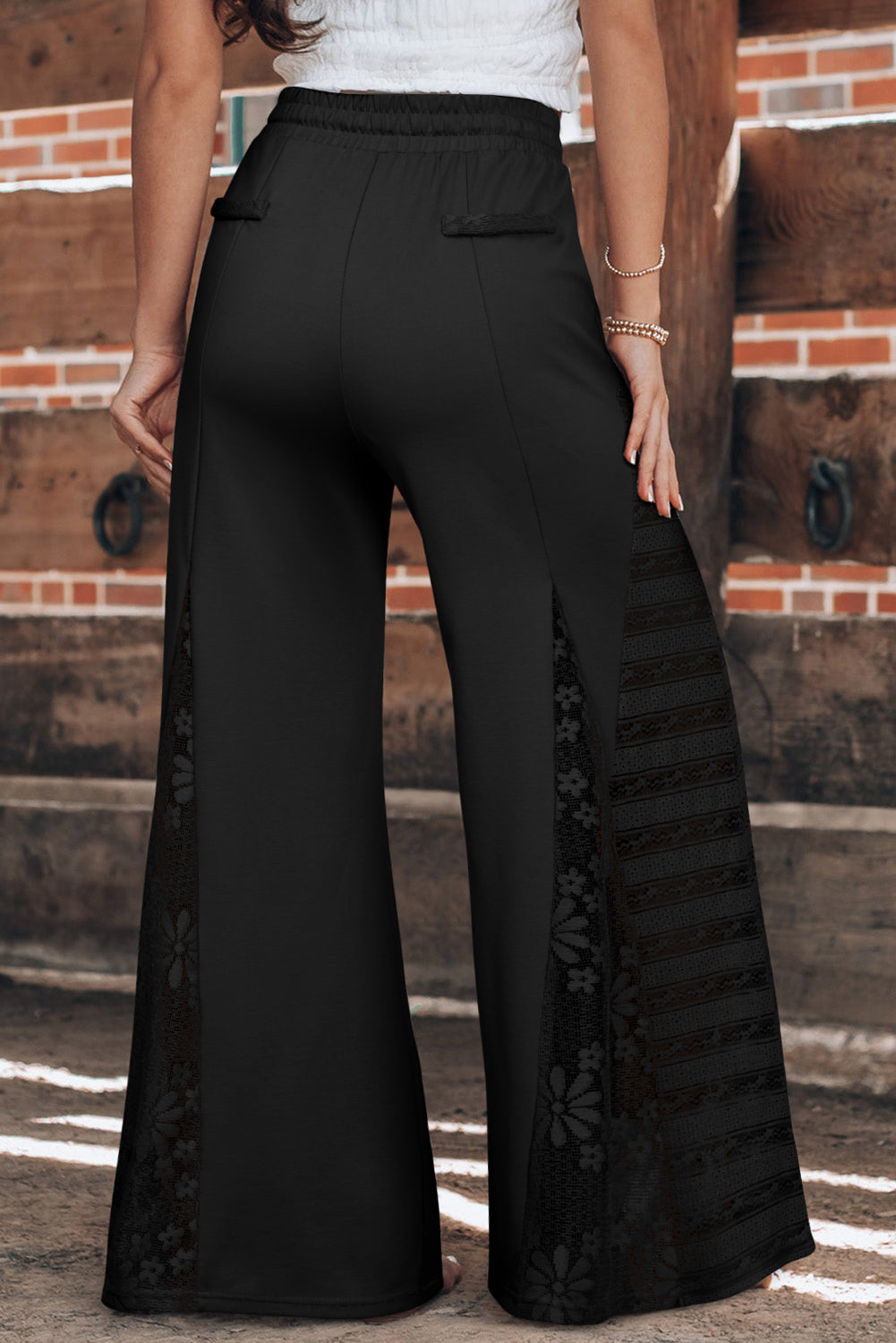 Smoke Gray Boho Lace Patchwork Wide Leg High Waist Pants