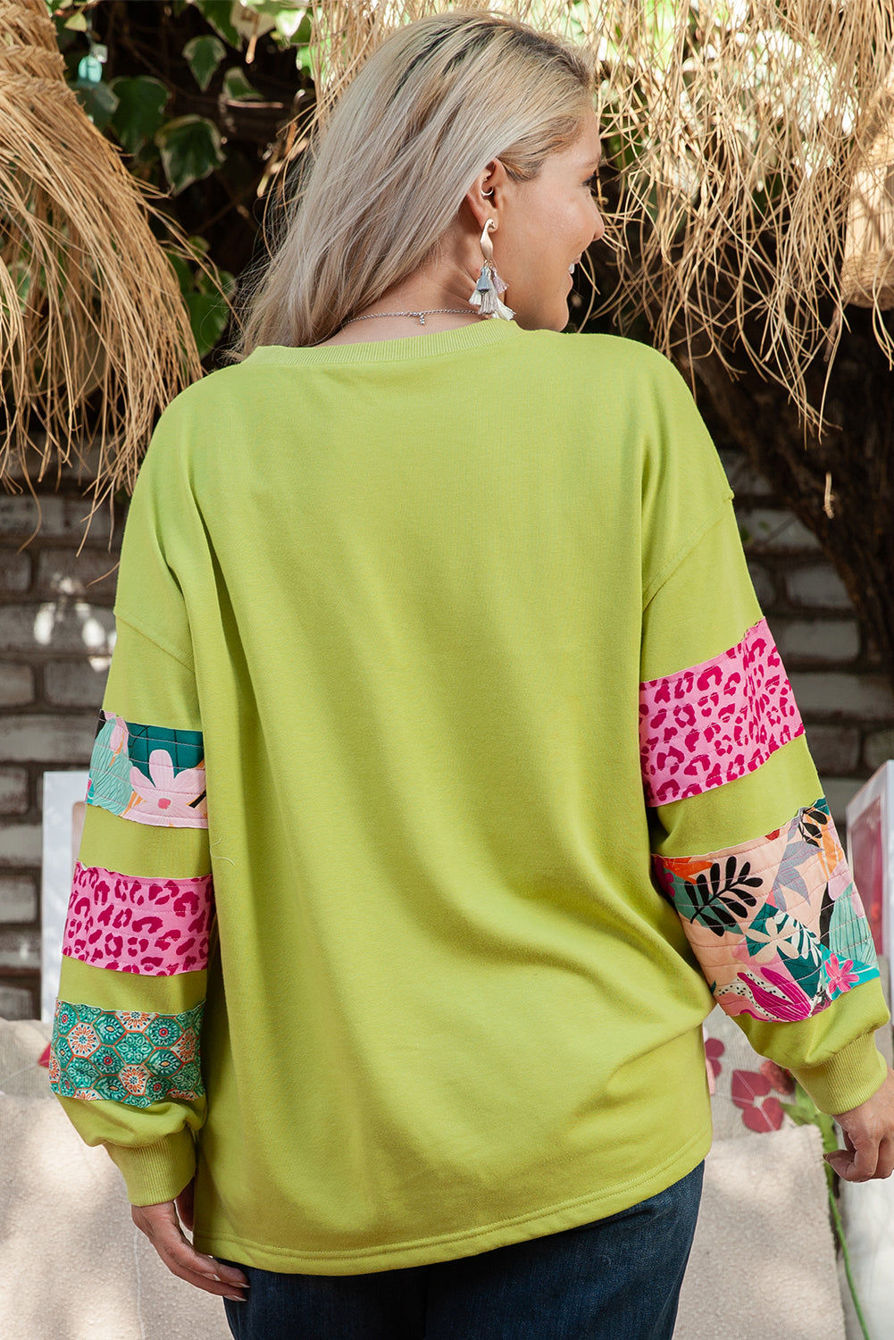 Green Leopard Patchwork Sleeve Split Plus Sweatshirt