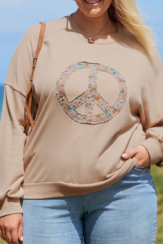 Pale Khaki Floral Peace Graphic Washed Plus Size Sweatshirt