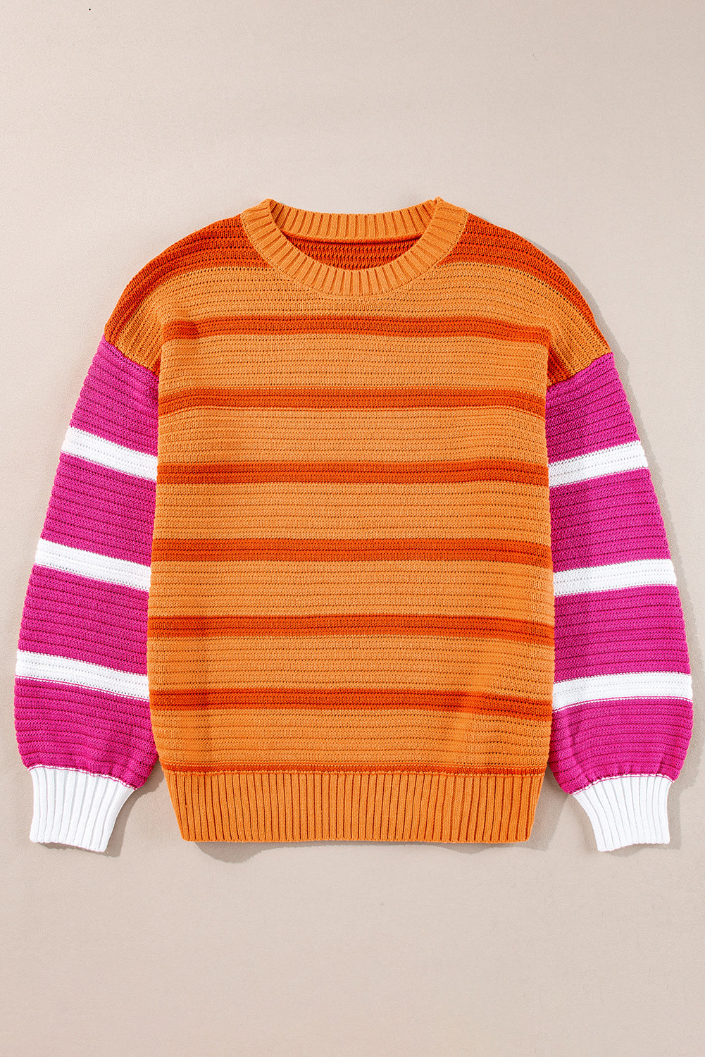 Orange Striped Colorblock Puff Sleeve Sweater