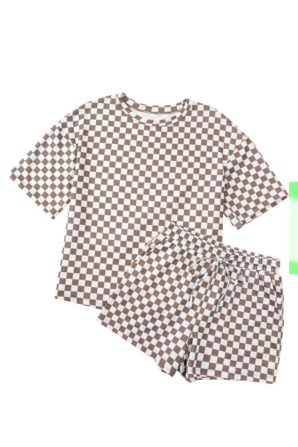 Brown Checkered Top and Drawstring Shorts Pajama Set