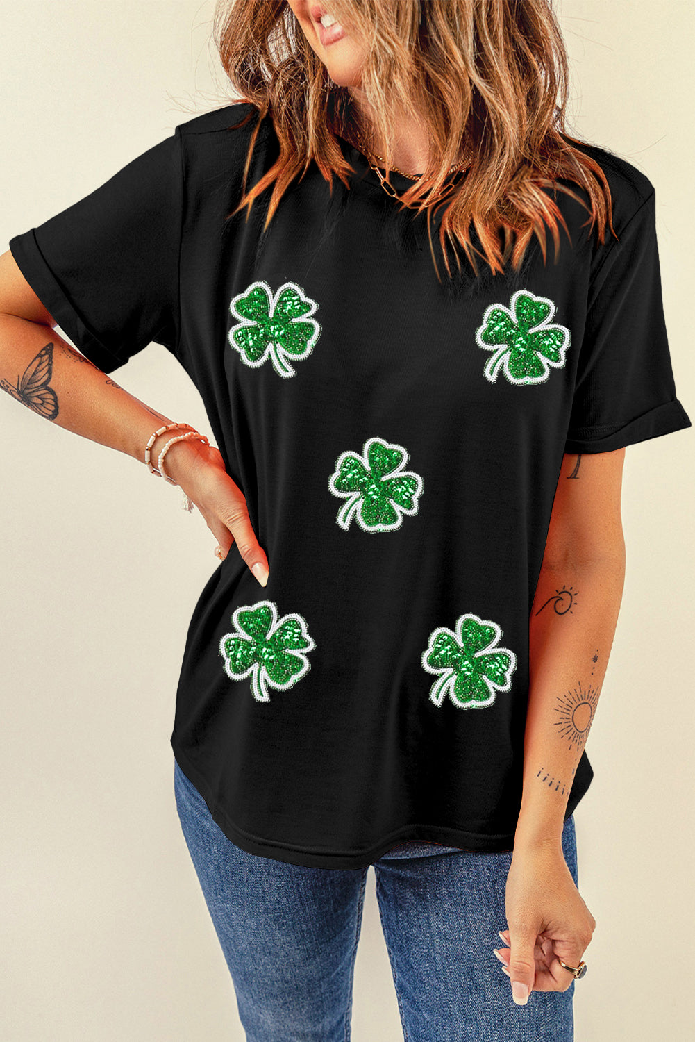 Black Four Leaf Clover Graphic St. Patricks Crewneck Tee