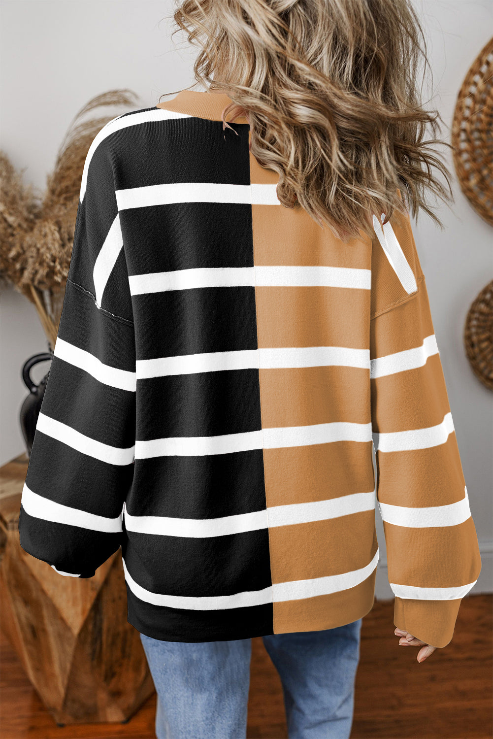 Light Beige Striped Colorblock Drop Shoulder Sweater