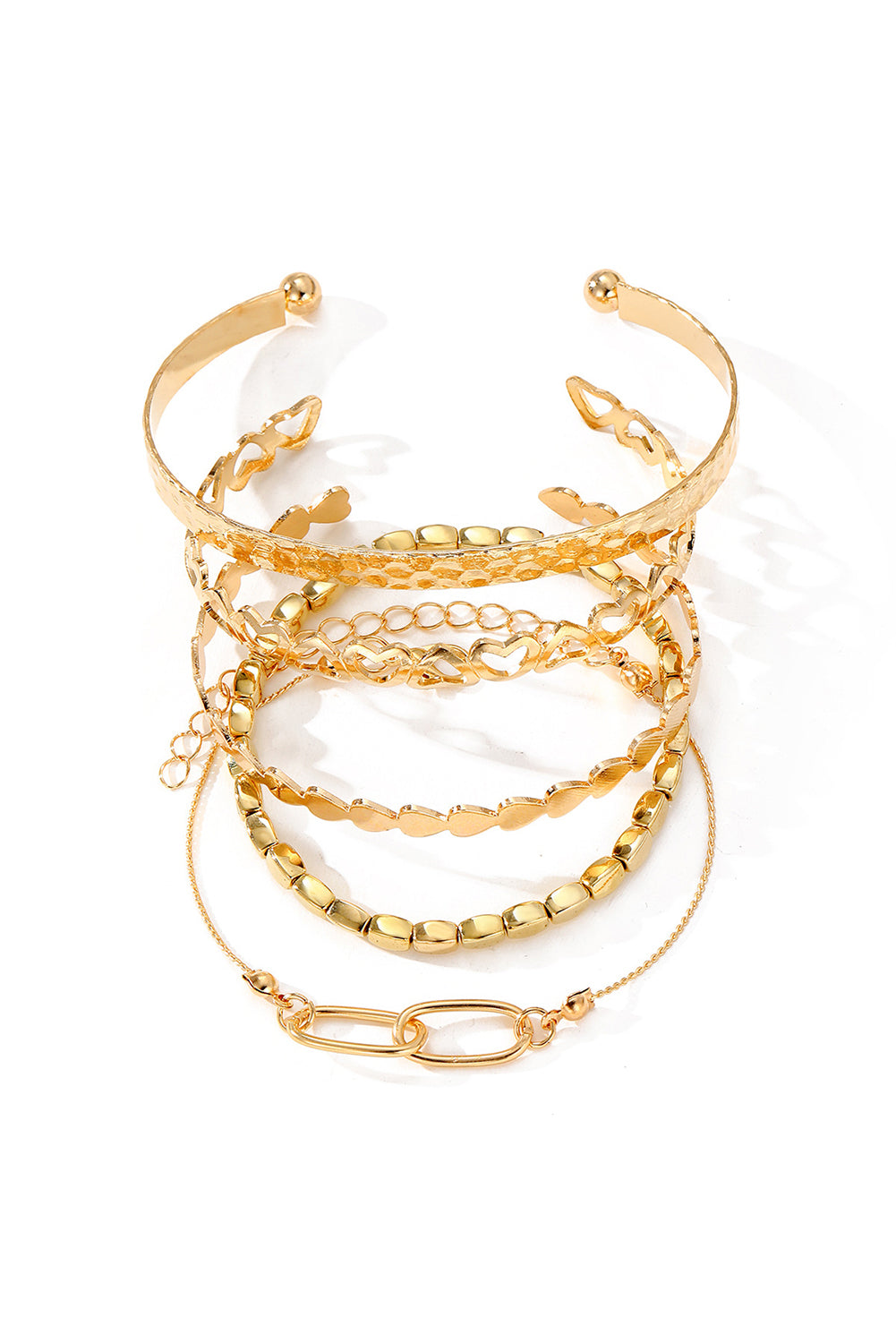 Gold Heart Plated Multi Layer Open Cuff Bracelet Set