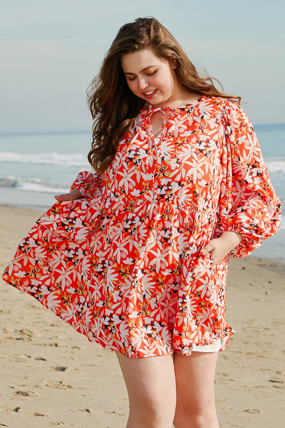 Orange Floral Print Split V Neck Bubble Sleeve Plus Size Midi Dress