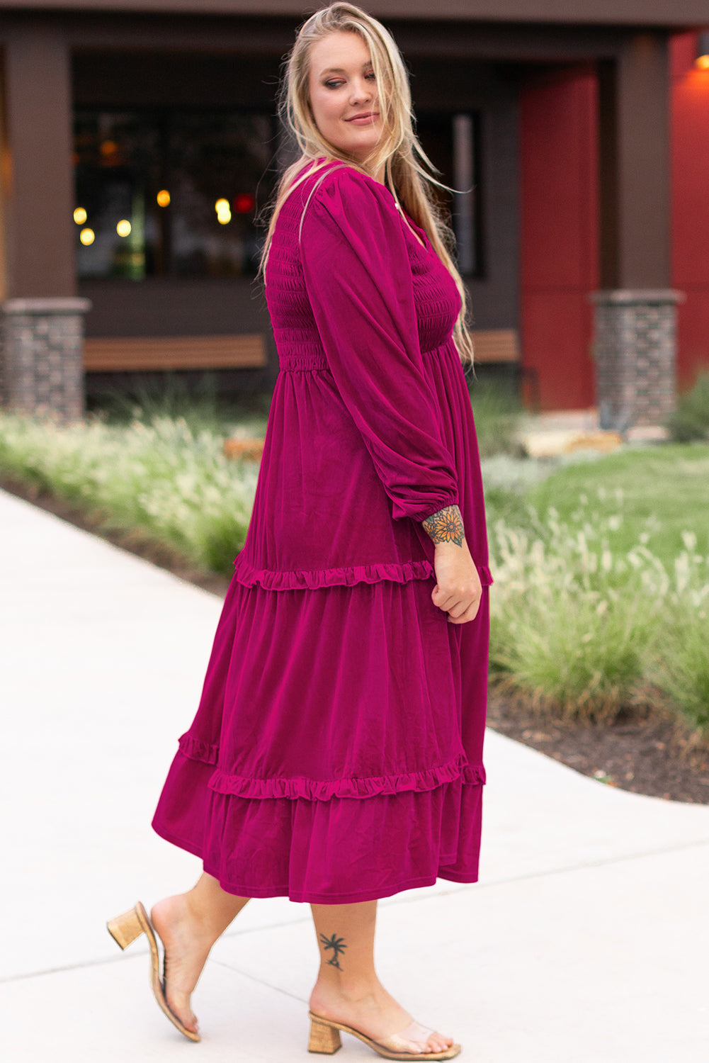 Rose Red Smocked V Neck Tiered Ruffle Velvet Plus Size Maxi Dress