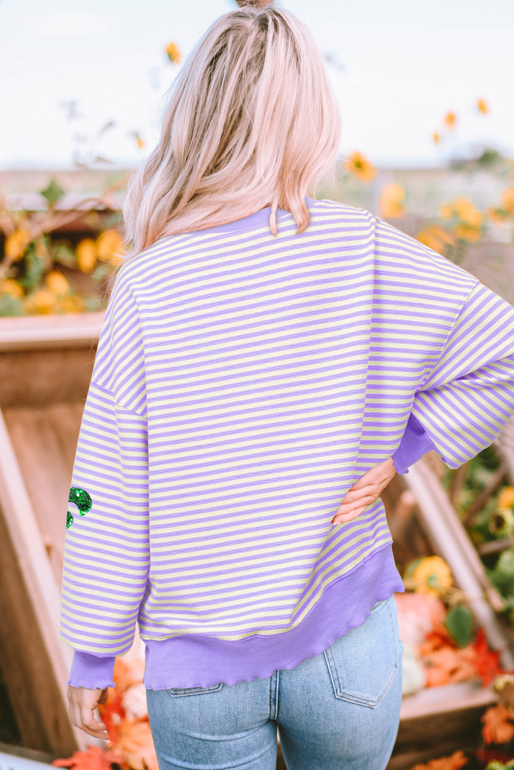 Purple Stripe Sequin Fleur de Lis Patched Pattern Long Sleeve Top