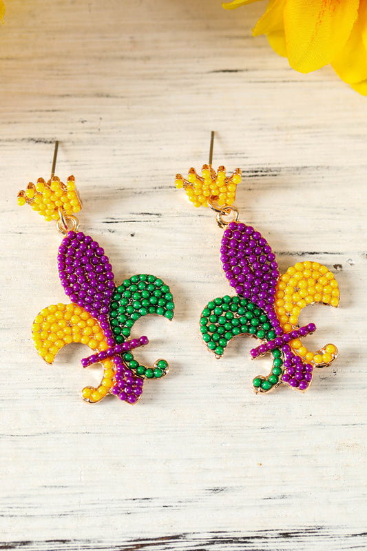 Purple Mardi Gras Beaded Dangle Earrings