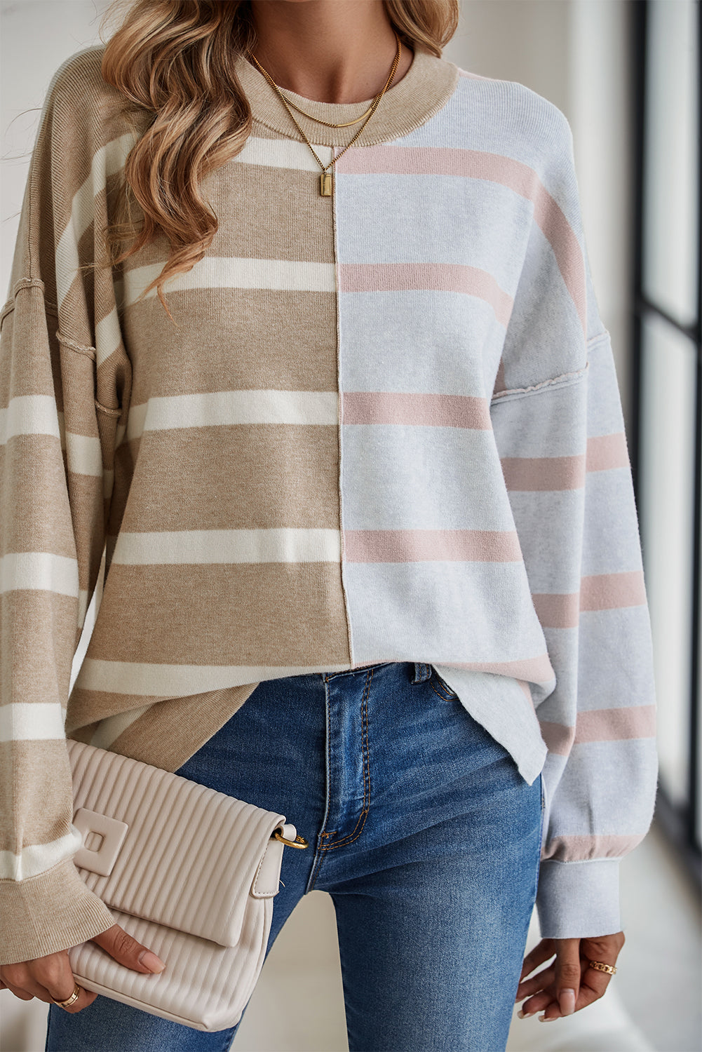 Light Beige Striped Colorblock Drop Shoulder Sweater