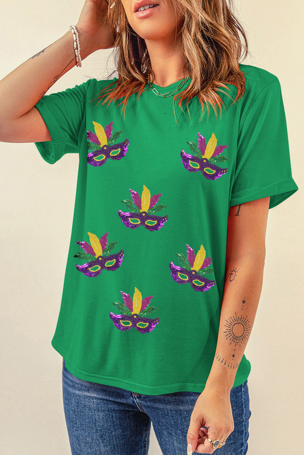 Bright Green Sequin Mardi Gras Pattern Graphic Crewneck Tee