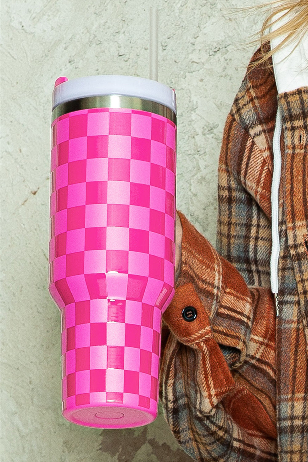 Bright Pink Checkered Print Handled Stainless Steel Tumbler Cup 40oz