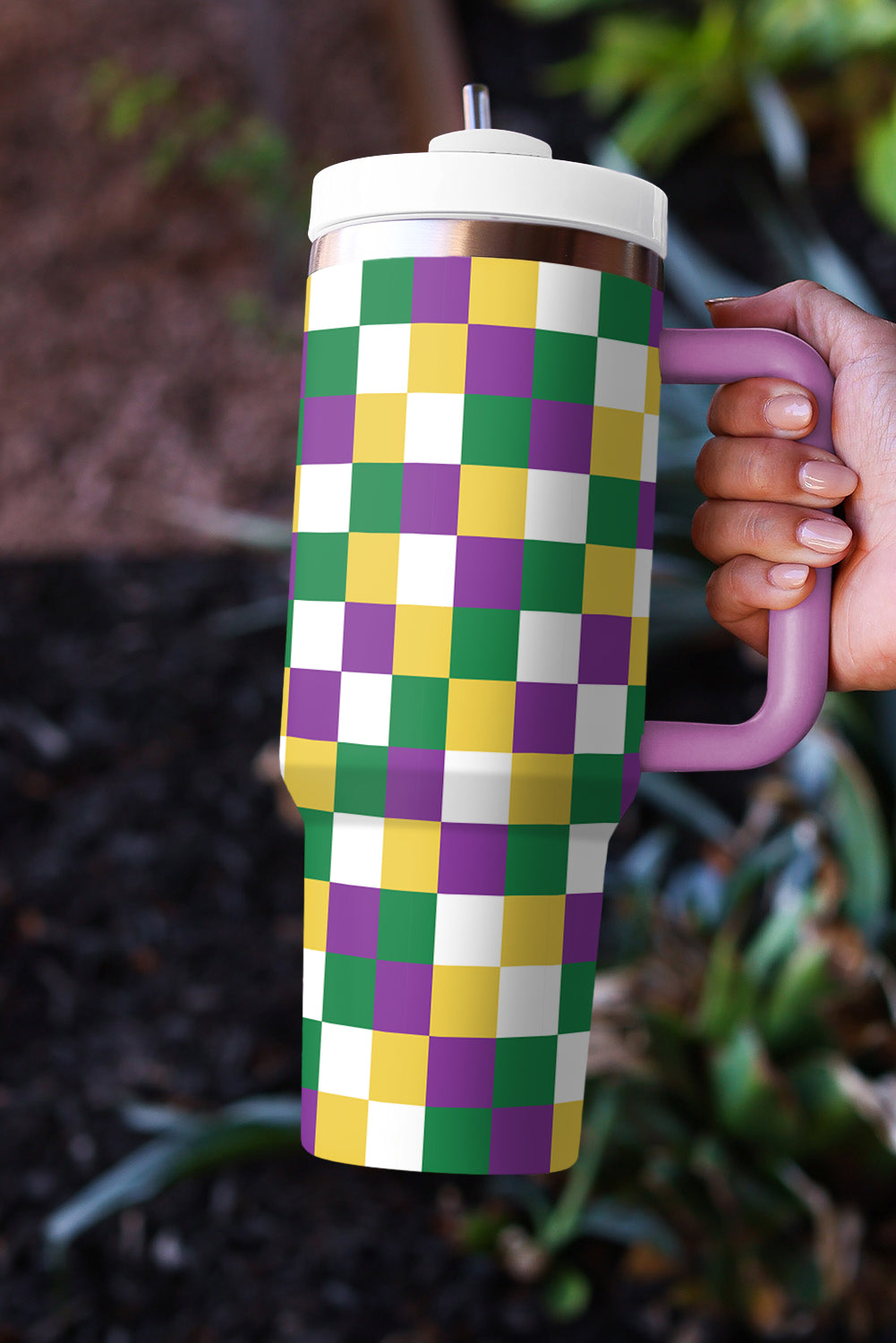 Purple Checkered Mardi Gras Tumbler Cup