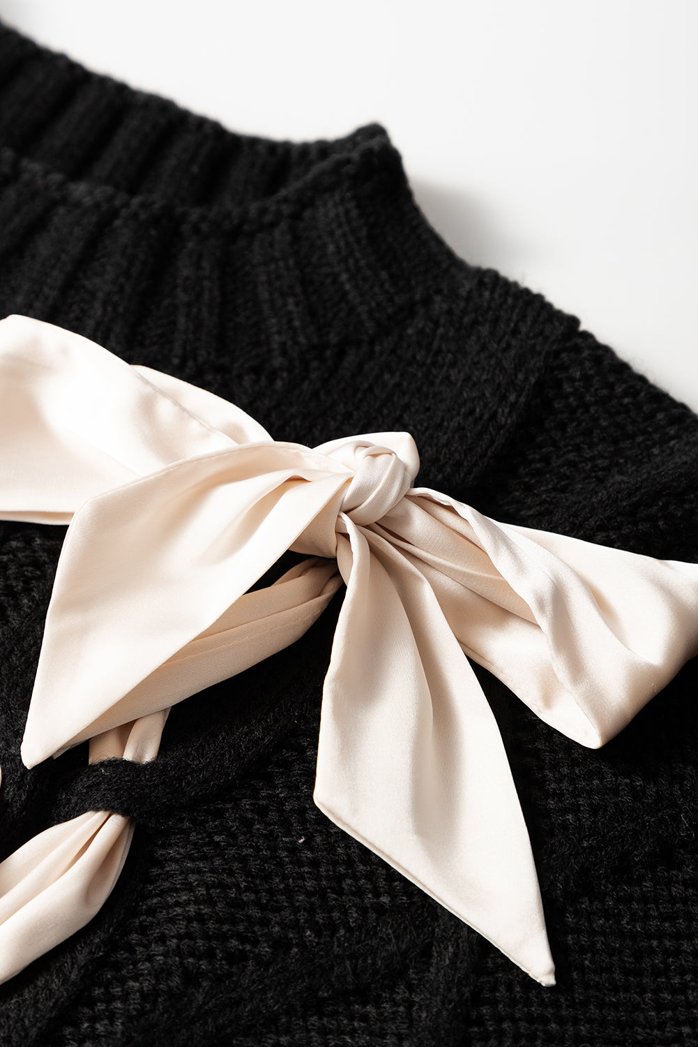 Black Satin Bowknot Cable Knit Top