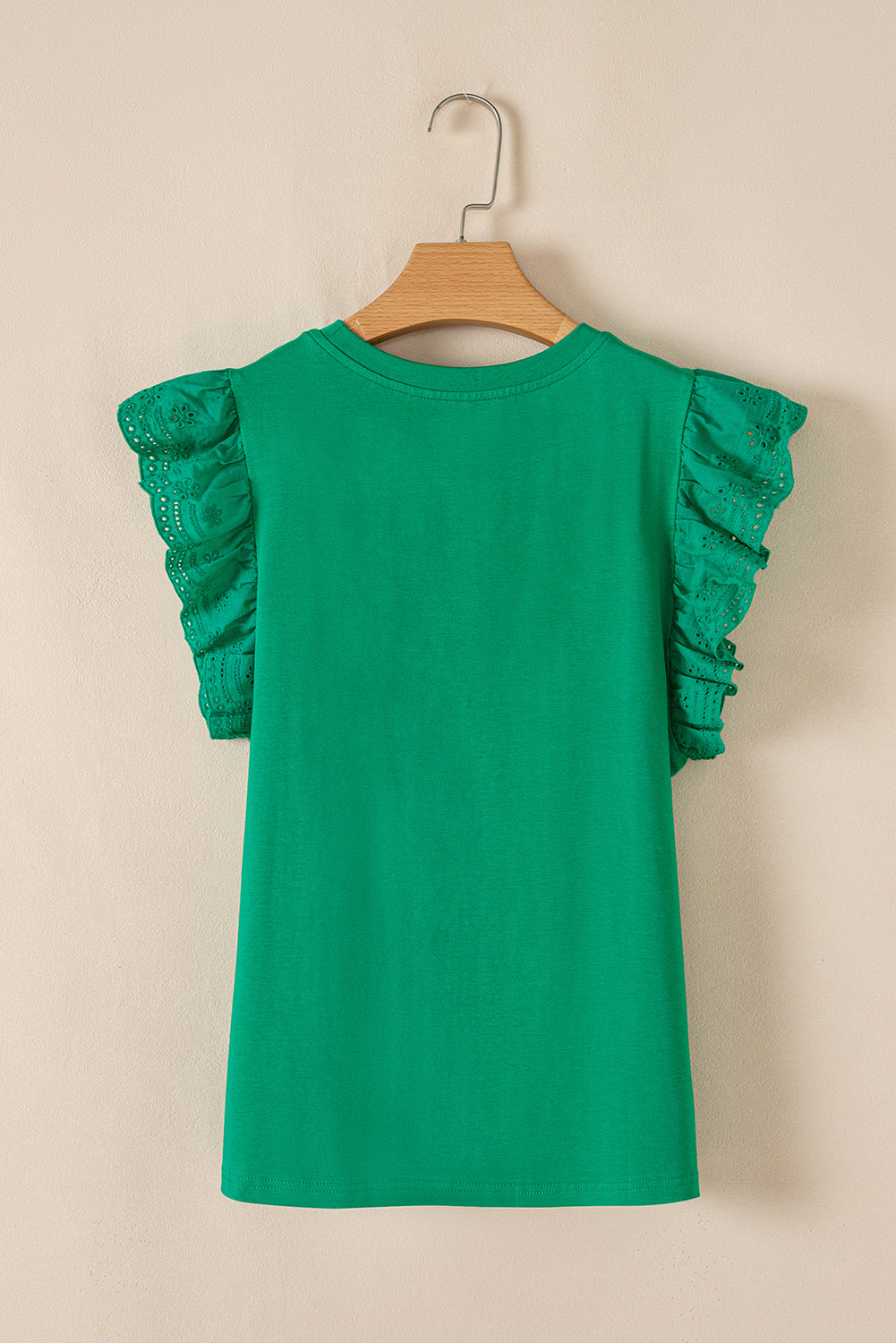 Dark Green Embroidered Ruffle Slim Fit Crew Neck Top