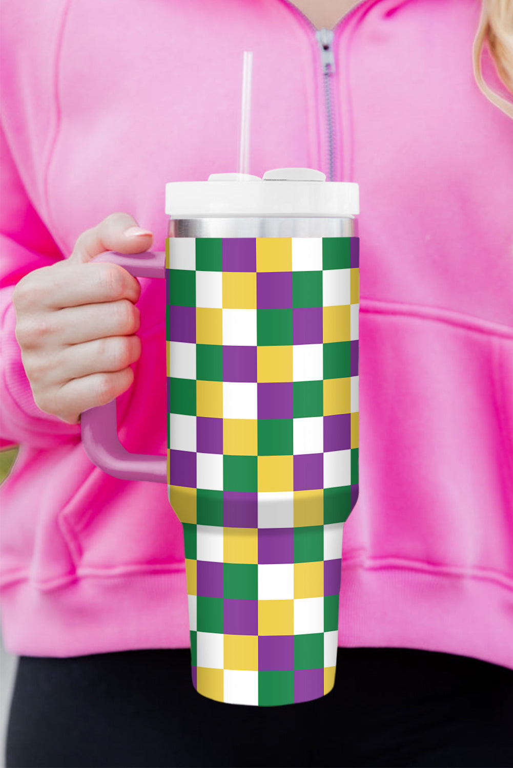 Purple Checkered Mardi Gras Tumbler Cup