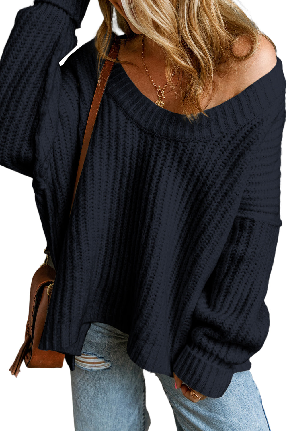 Black Ribbed Knit Drop Sleeve Round Neck Sweater