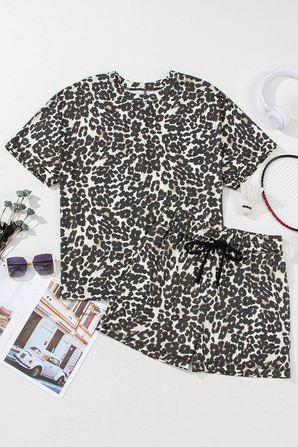 Black Cheetah Printed Casual Tee and Shorts Lounge Set