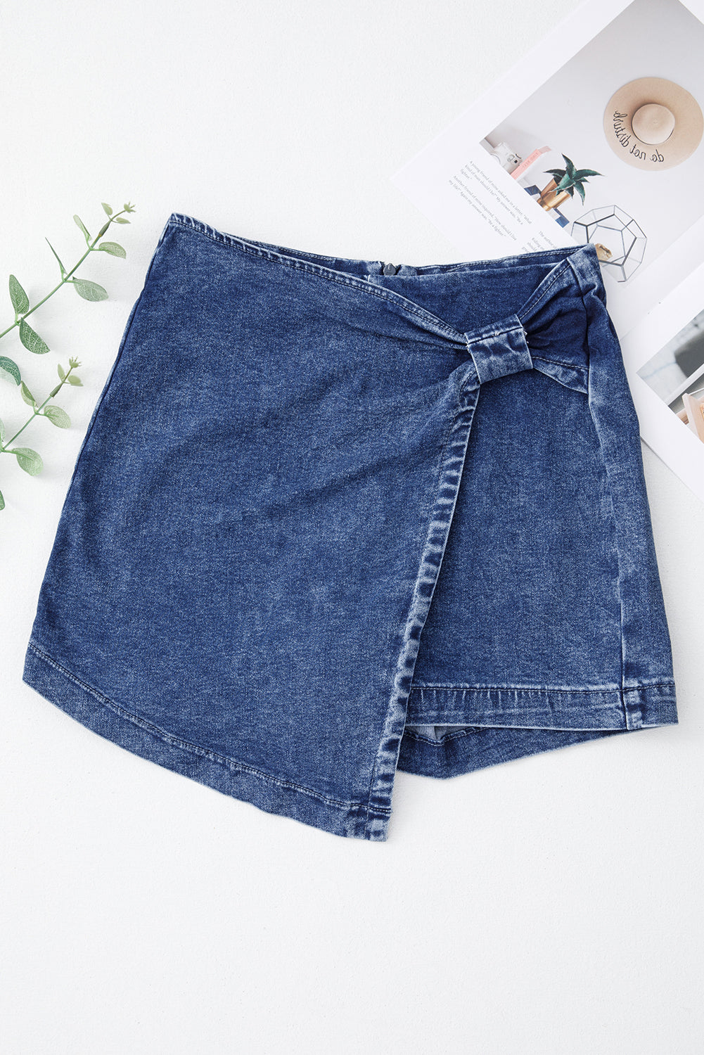 Sail Blue Acid Wash Asymmetric Twisted Wrapped Zipped Denim Skort