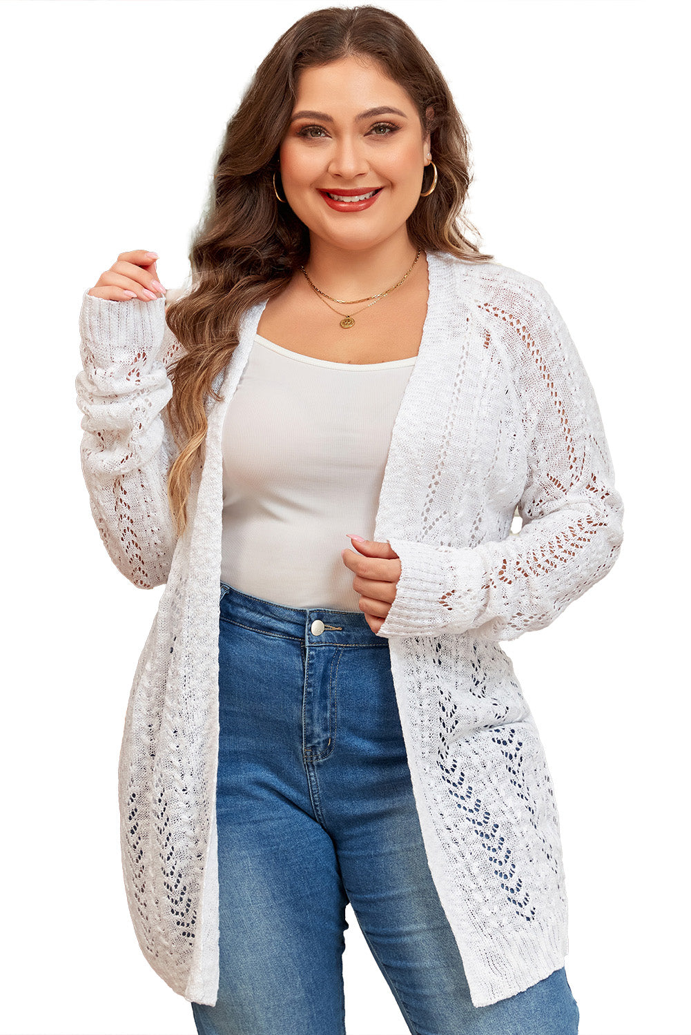 White Plus Size Eyelet Knit Open Front Cardigan