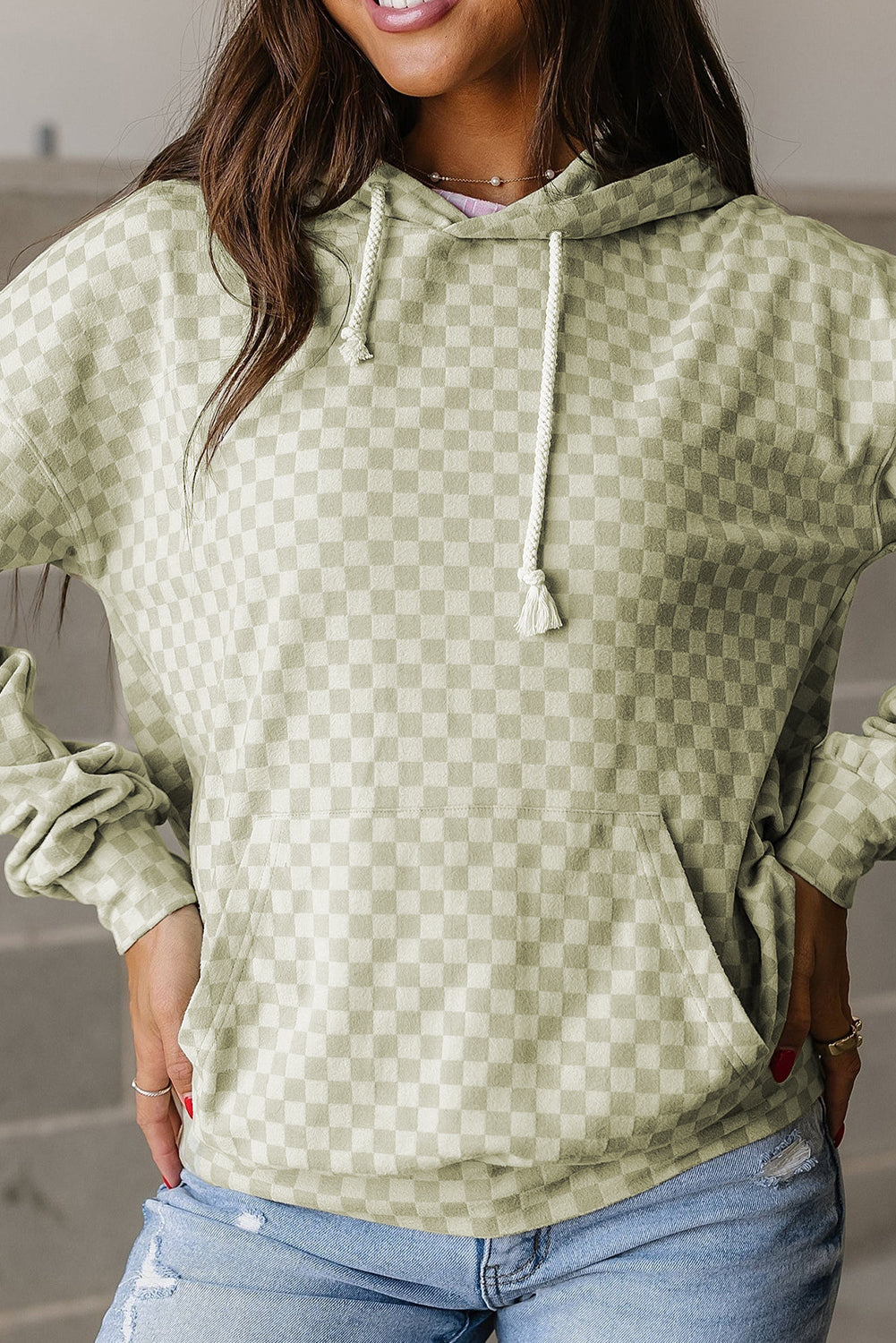 Khaki Checkered Kangaroo Pocket Hoodie