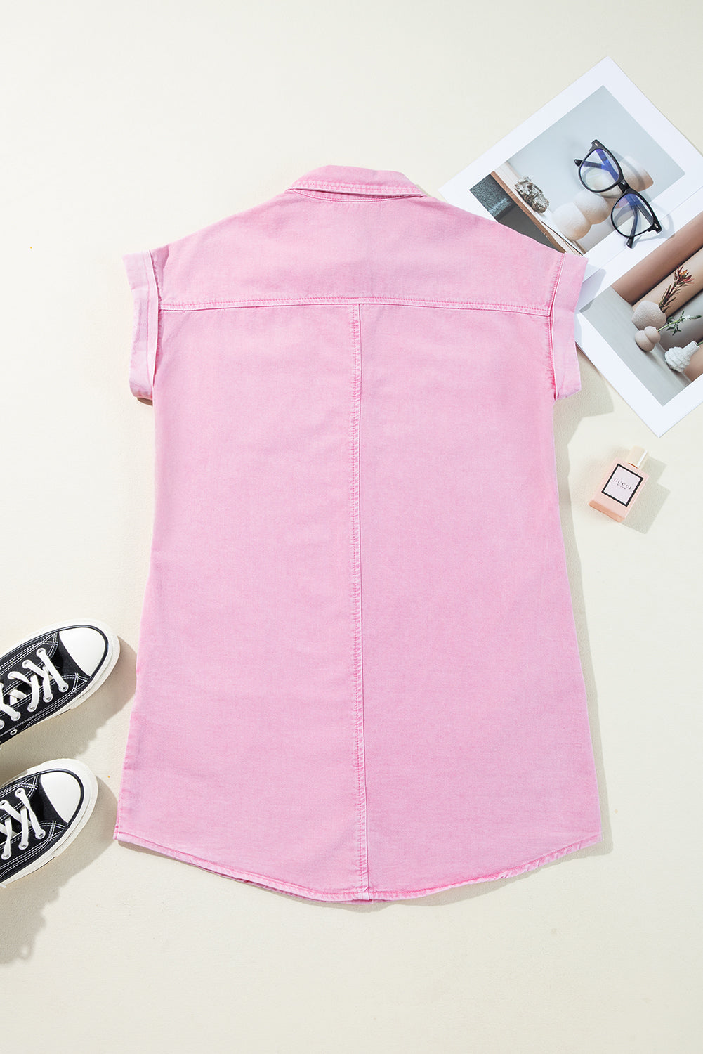 Pink Short Sleeve Double Chest Pocket Denim Shirt Dress