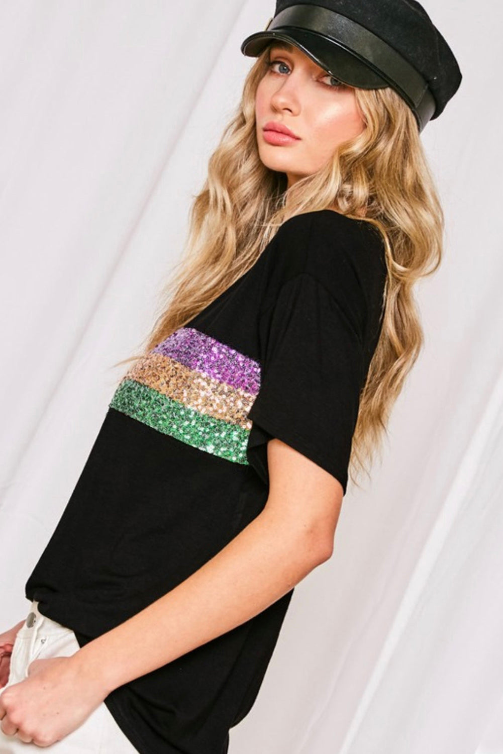 Black Sequin Stripes Patchwork Mardi Gras Crew Neck T Shirt