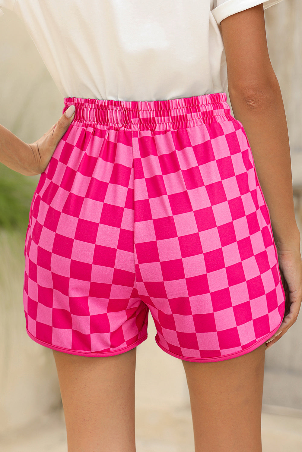 Rose Checkered Drawstring Elastic Waist Casual Shorts