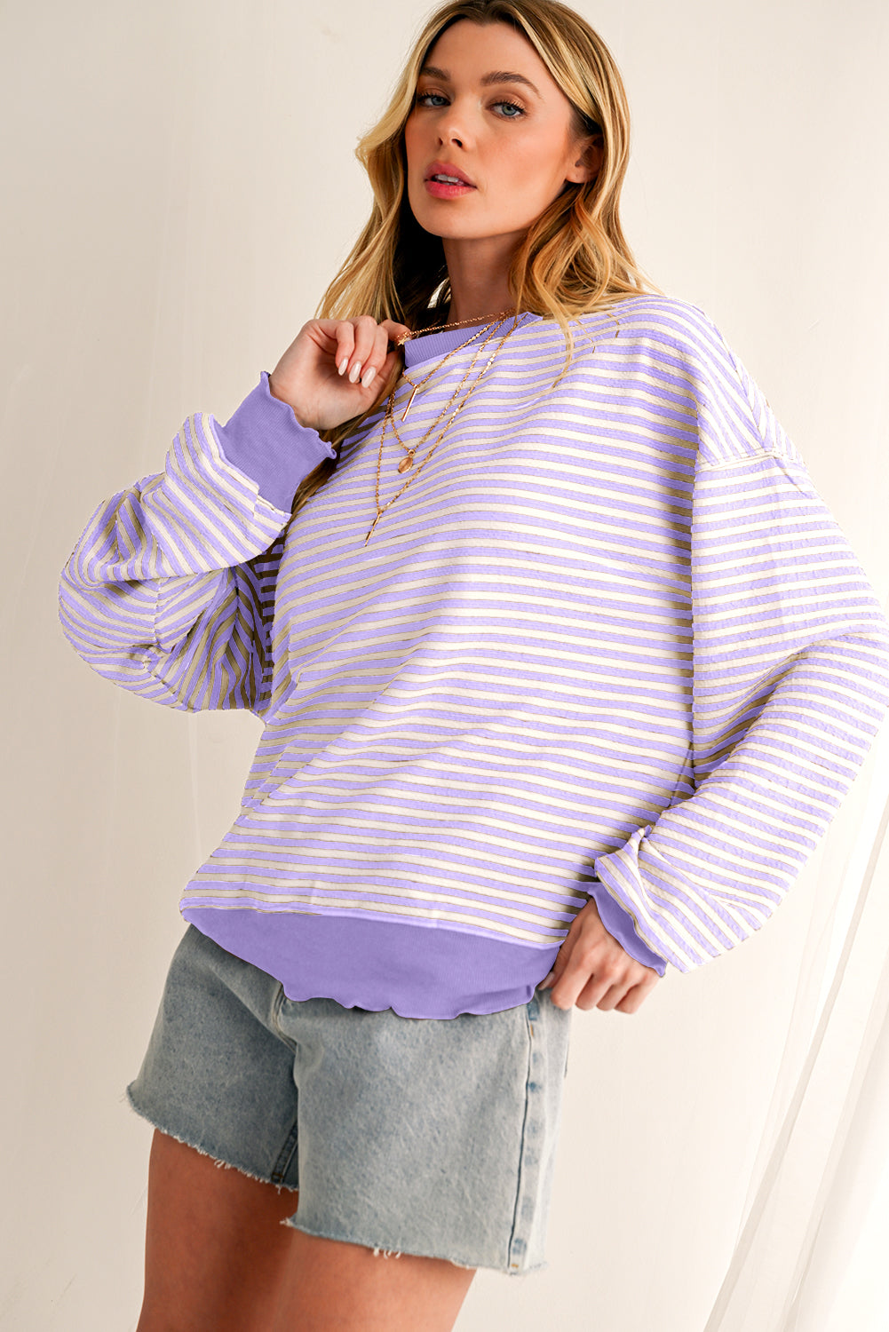 Purple Stripe Drop Shoulder Long Sleeve Top