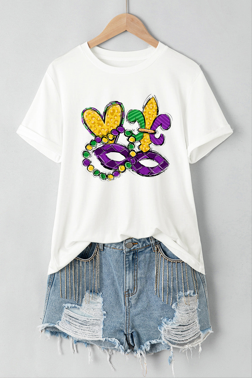 White Mardi Gras Mask Graphic Crewneck Tee