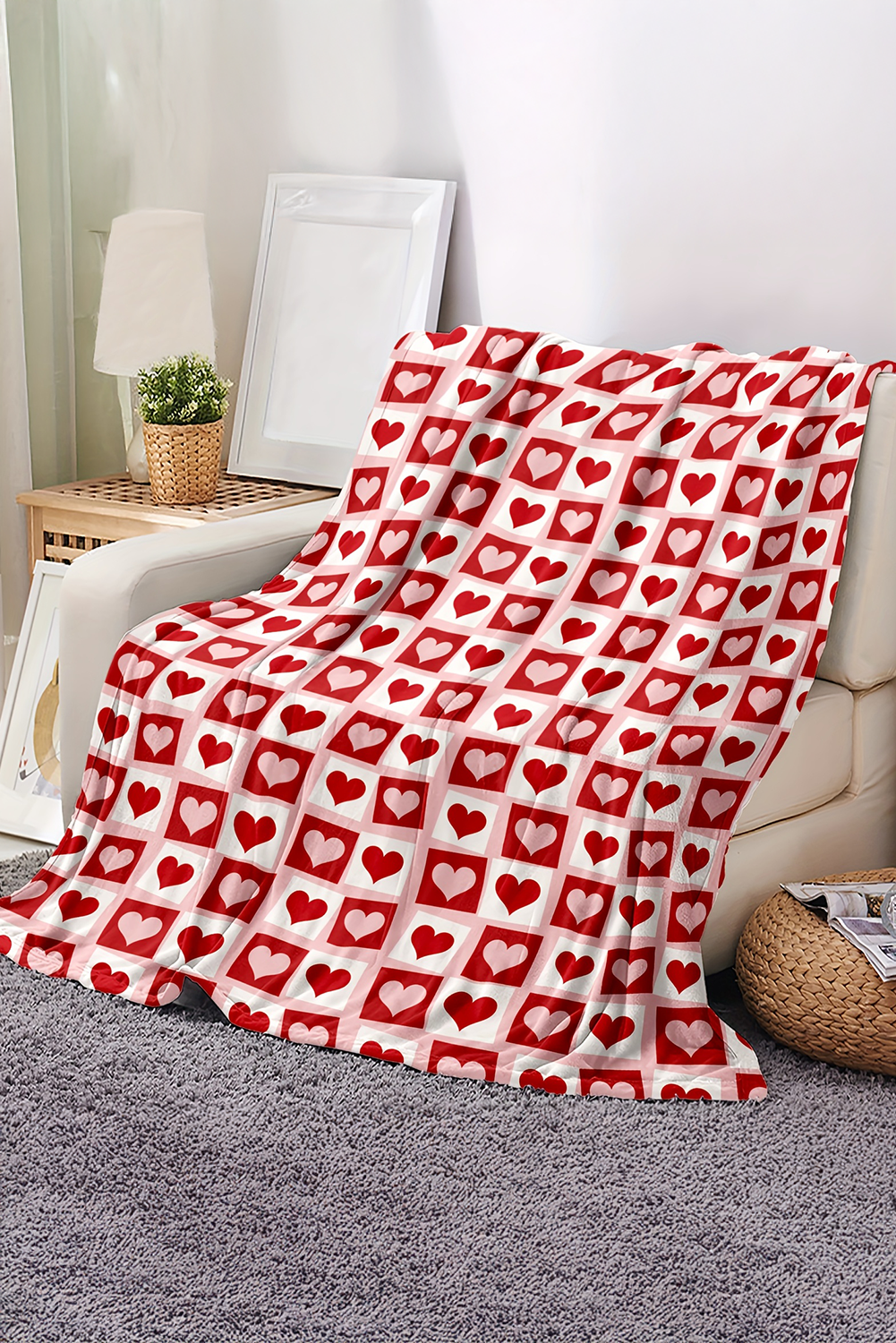 Fiery Red Valentines Checkered Heart Blanket