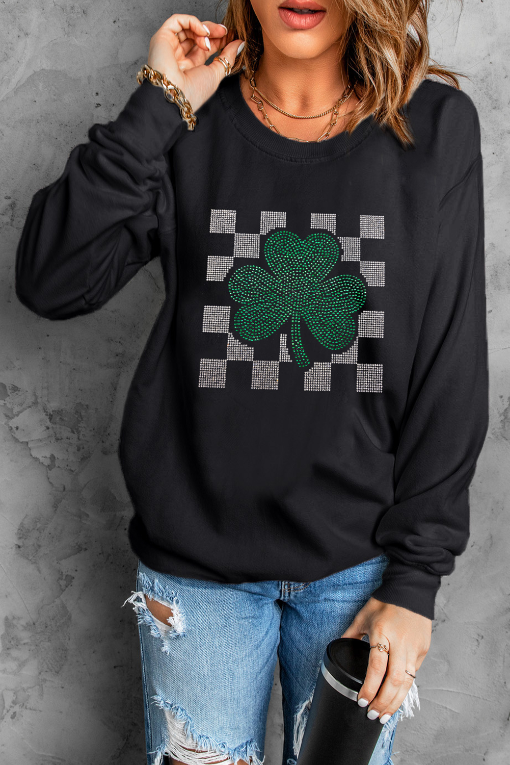 Black Rhinestone Checkerboard Clover Graphic St Patrick Sweatshirt