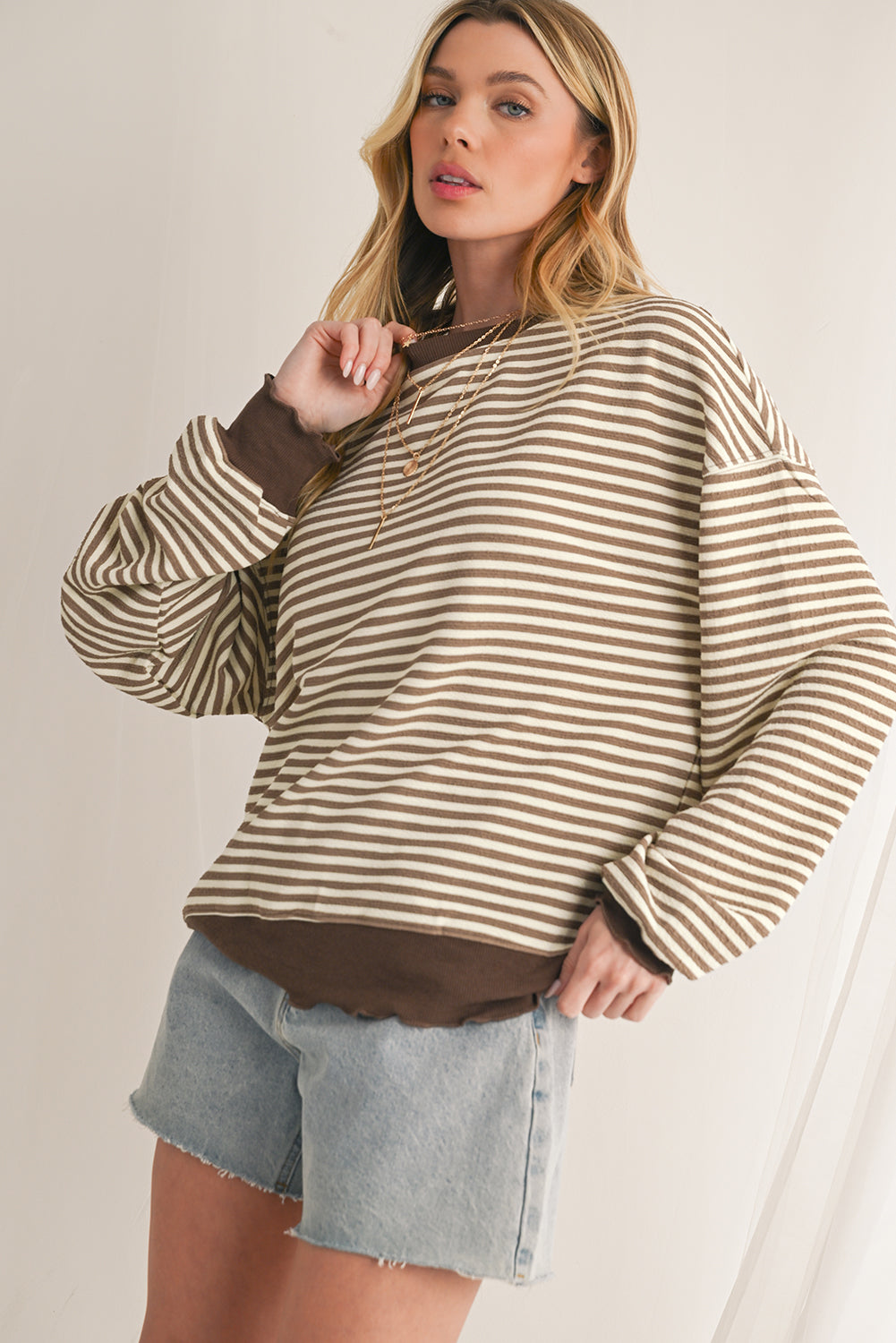 Purple Stripe Drop Shoulder Long Sleeve Top