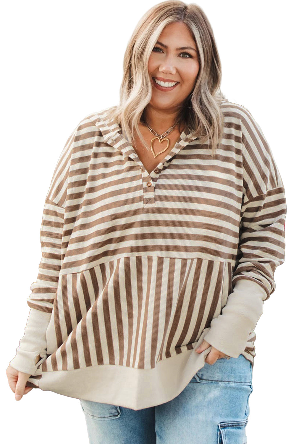 Brown Stripe Drop Sleeve Plus Size Henley Hoodie