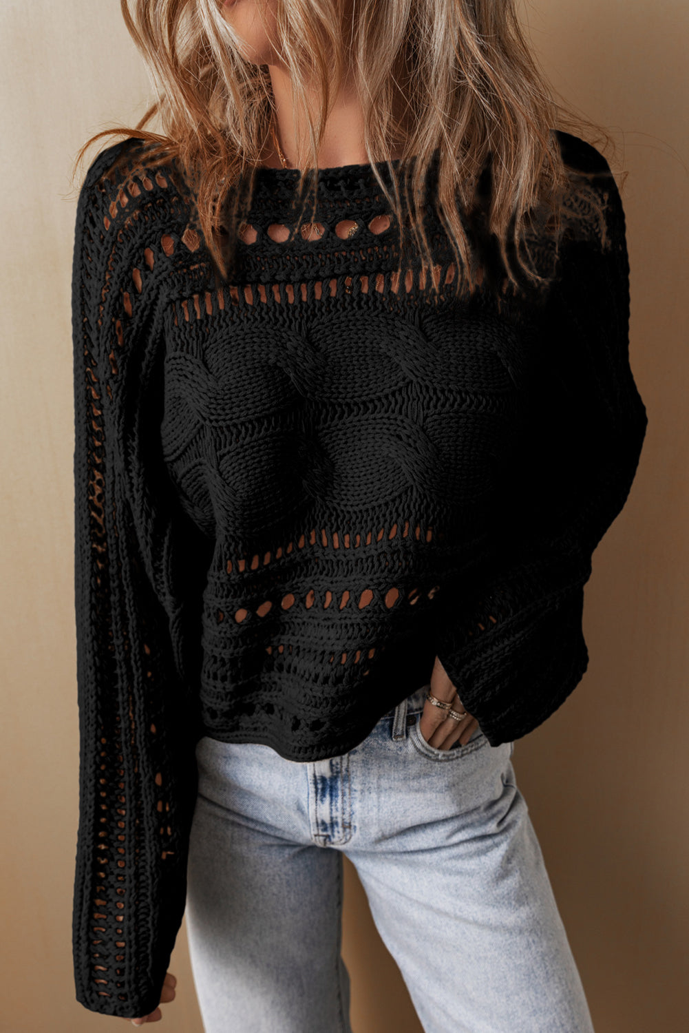 Black Hollow Out Cable Knit Cropped Sweater