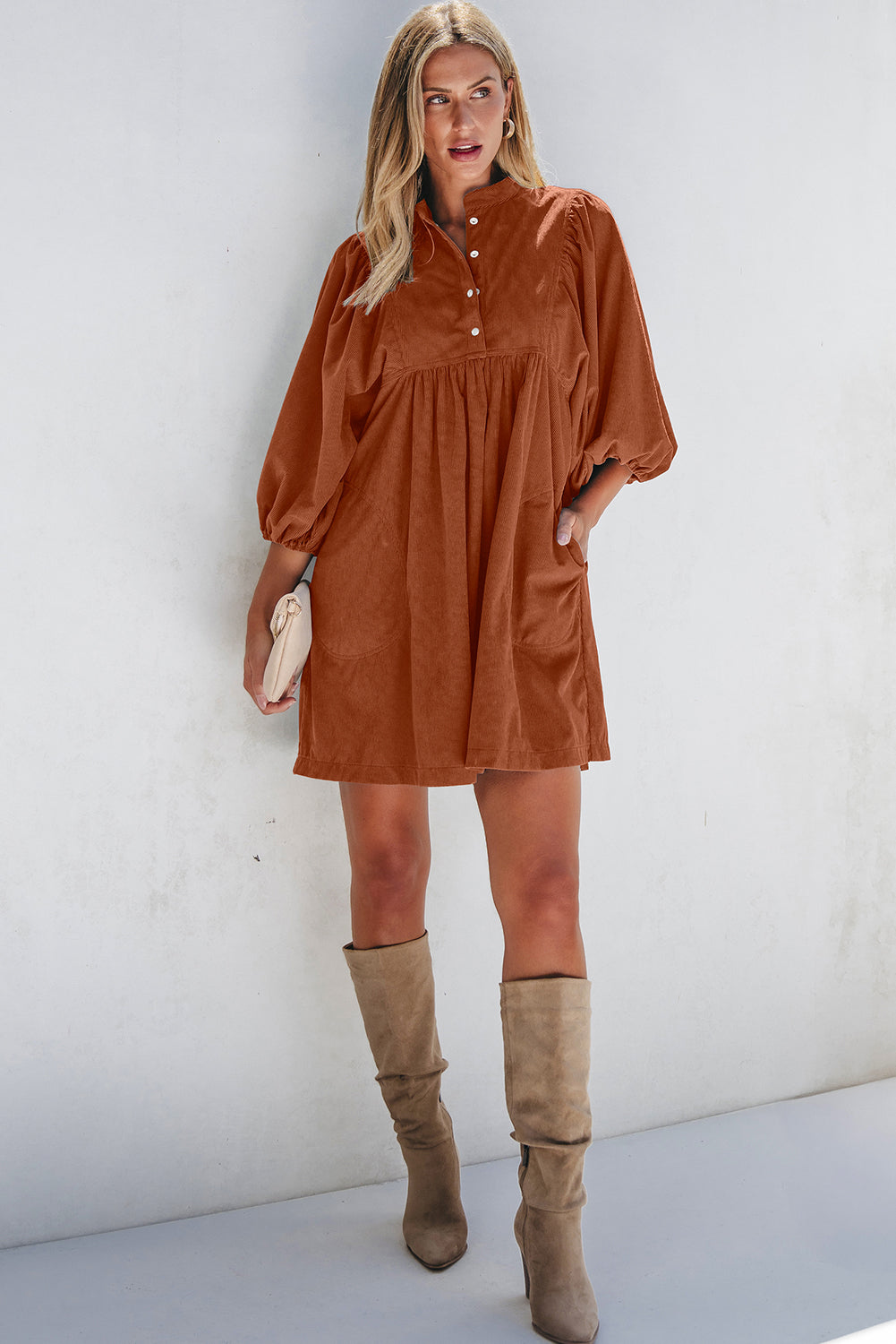 Corduroy Quarter Snap Three-Quarter Sleeve Dress